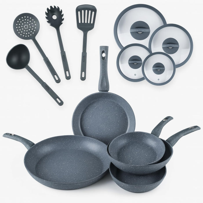 Set di Padelle con Coperchi 12 Pezzi, Induzione Manico Resistente al Calore, Granito e Marmo, Padelle Antiaderente, 20/24/28/32 cm + 4 Mestoli Inclusi.