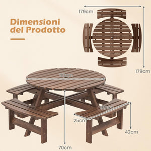 Set Tavolo con 4 Panche da Picnic, Tavolo da Pranzo Rotondo per 8 Persone, con Foro per Ombrello da 5 cm, Set di Mobili da Picnic da Esterno, per Giardino Patio (Marrone)