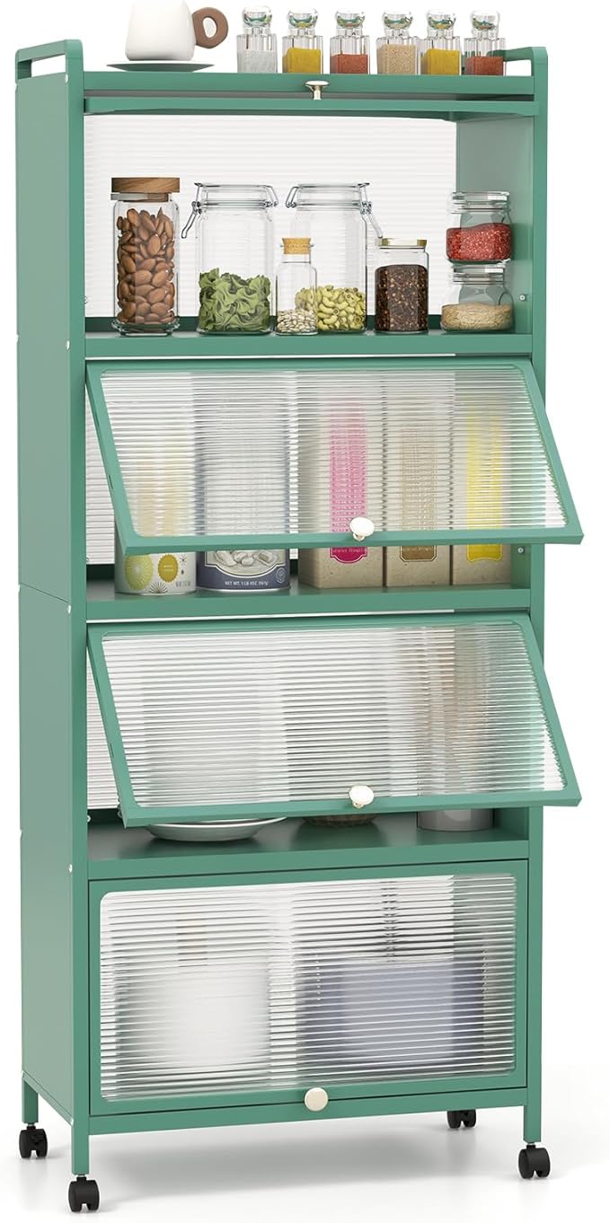 Armadio da Cucina a 5 Piani, Mobile per Microonde con Porte PC a Scomparsa, con 4 Ruote Girevoli, per Sala da Pranzo Soggiorno e Studio, 60x32x154 cm (Verde)