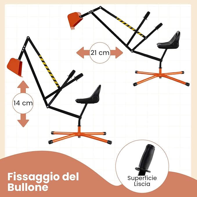 Ruspa Giocattolo per Bambini, Escavatore Cavalcabile con Controlli a 2 Mani e Pala Flessibile, Sedile Girevole a 360°, Regalo per Bambini 3 Anni+ (senza Ruote Arancia)