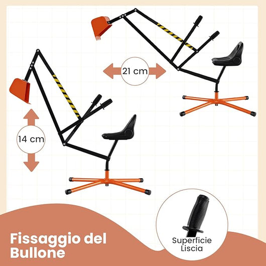 Ruspa Giocattolo per Bambini, Escavatore Cavalcabile con Controlli a 2 Mani e Pala Flessibile, Sedile Girevole a 360°, Regalo per Bambini 3 Anni+ (senza Ruote Arancia)