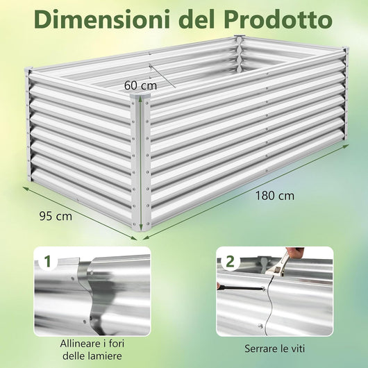 Letto da Giardino Rialzato in Metallo, Orto Rialzato con Design a Fondo Aperto, Protettori d'Angolo Rinforzati, Aiuola Rialzata da Esterno per Verdure, Fiori e Erbe Aromatiche (Argento)