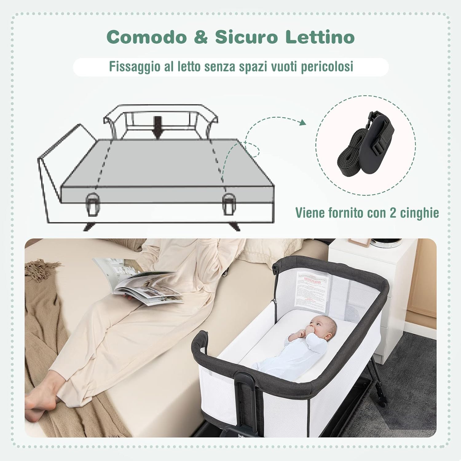 Lettino per Neonati, Culla Portatile Pieghevole con Ripiano Portaoggetti, 7 Altezze Regolabili, Materasso e Borsa per Trasporto (Grigio Scuro)