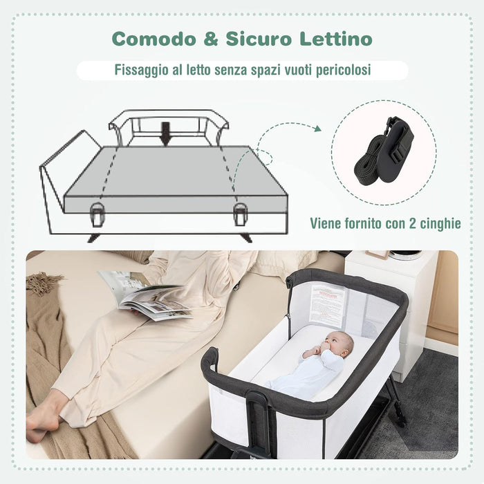 Lettino per Neonati, Culla Portatile Pieghevole con Ripiano Portaoggetti, 7 Altezze Regolabili, Materasso e Borsa per Trasporto (Grigio Scuro)