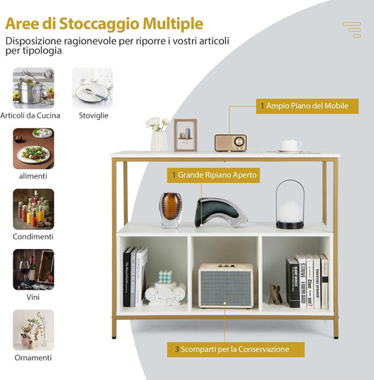 Credenza Buffet, Credenza a 3 Livelli in Legno con Mensola Aperta, 3 Scomparti, Mobile da Cucina con Telaio in Acciaio, per Sala da pranzo, Soggiorno, Cucina (Bianco)