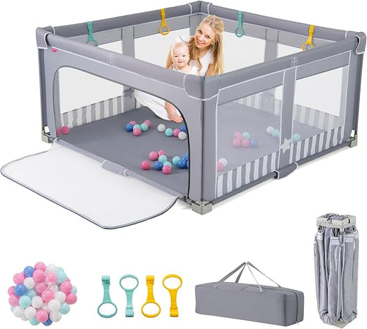 Box per Bambini 150 x 150 cm, Recinto per Bambini Pieghevole in Tessuto Oxford con Rete Traspirante, Box con Giochi che Include 50 Palline, 4 Pezzi Anelli e Borsa (Grigio, 150 x 150 cm)