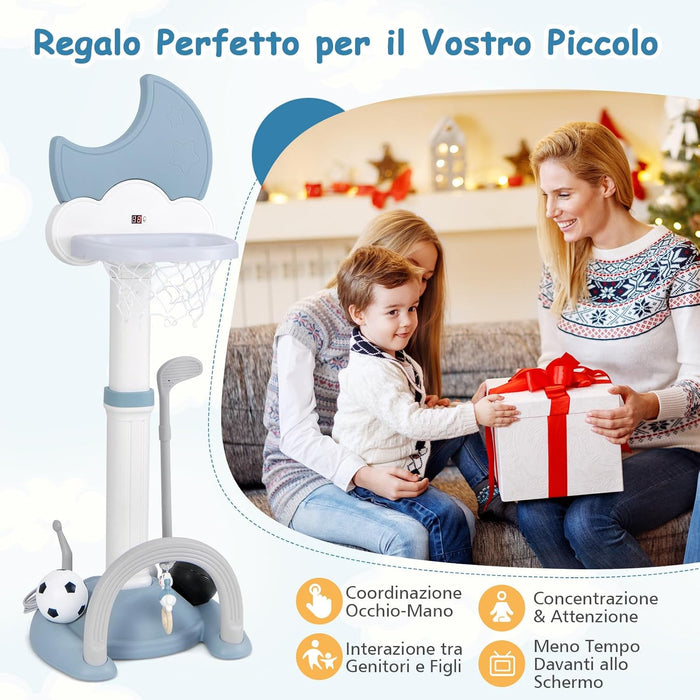 4 in 1 Canestro da Basket per Bambini, Centro di Attività Sportiva Regolabile con Basket Calcio Golf e Gioco del Lancio dell'Anello, per Interno ed Esterno, 3 Anni+ (Blu)