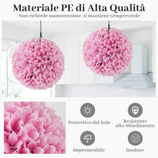 Set di 2 Piante Finte Sfera di Bosso 28 cm per Vaso, Palla di Topiarie Sintetica in PE da Giardino, Piante Artificiali Decorative Arredamento da Interno ed Esterno (Rosa)
