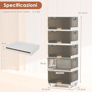 Scatole Immagazzinaggio Impilabili e Pieghevole con Ruote, Contenitore a 5 Ripiani con Coperchi, Organizzatori Trasparente, per Camera da Letto e Soggiorno, Bianco (37,5 x 27,5 x 101,5 cm)