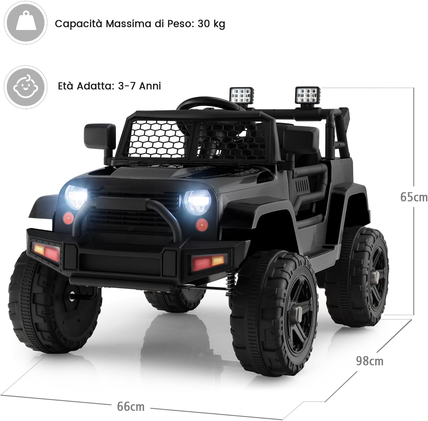 12V Auto per Bambini con Telecomando, Macchina Elettrica con Fari Luminosi, Musica, Porta USB e Aux, Velocità 2,5-4,5 km/h, Regalo per Bambini 3-7 Anni (Nero)