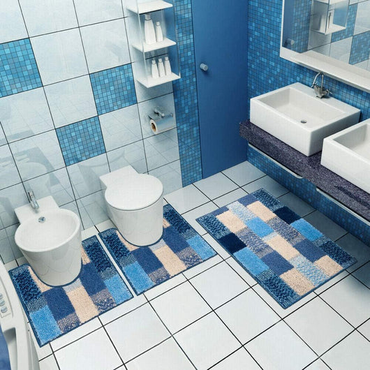 Tappeto Bagno Set 3 Pezzi Moderno Soffice Antiscivolo Assorbente Doccia Blu