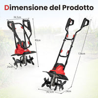 Motozappa Elettrica a Filo, Zappatrice da Giardino con Manico Ergonomico e Motore Forte, Motocoltivatore Pieghevole per Scavare Terreno del Prato (36,5 x 24 x 138 cm,Rosso)