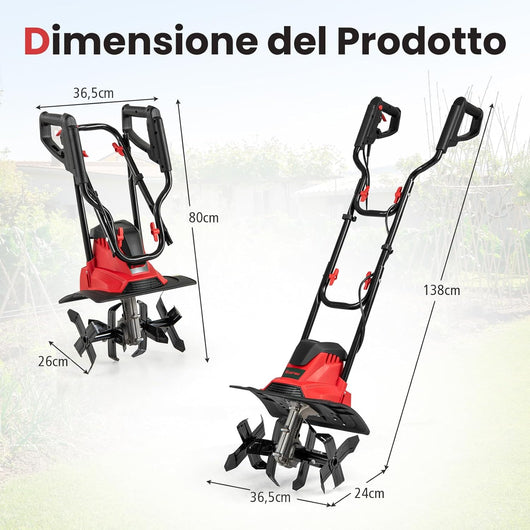 Motozappa Elettrica a Filo, Zappatrice da Giardino con Manico Ergonomico e Motore Forte, Motocoltivatore Pieghevole per Scavare Terreno del Prato (36,5 x 24 x 138 cm,Rosso)