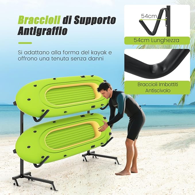 Porta-Kayak Autoportante, Rastrelliera per Kayak con Base Larga, Piedi Regolabili e Coperture Imbottite, Scaffale autoportante per Canoa per SUP e Canoe, Portata 80 kg