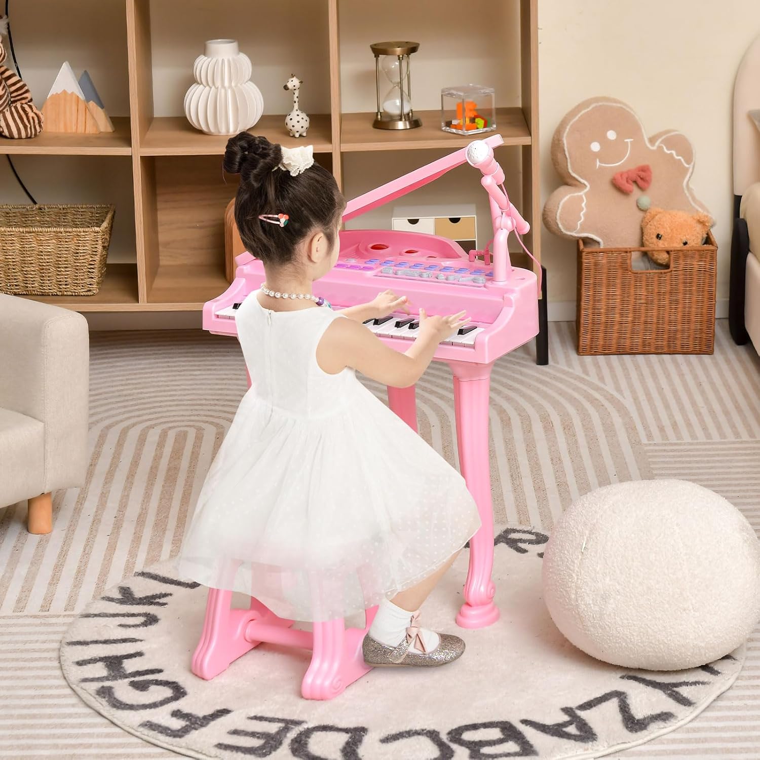 Tastiera Pianoforte a 31 Tasti con Microfono e Sgabello, Pianoforte Giocattolo Portatile con Modalità di Insegnamento a LED, Pianoforte a Coda per Bambini 3+ Anni (Rosa), 35 x 30 x 55 cm