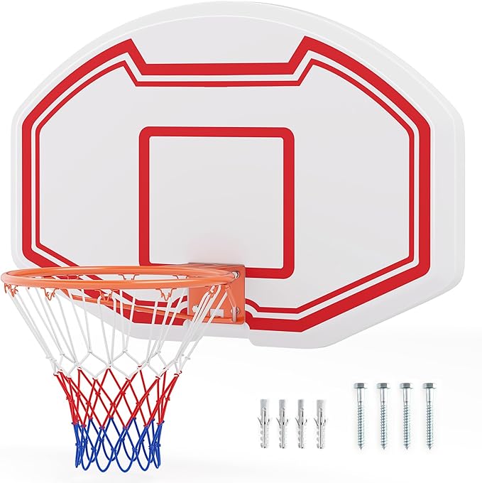 Tabellone Basket a Muro Interno ed Esterno, Canestro da Basket a Parete con Tabellone Anti-Rottura da 91 x 61 cm, Rete Resistente e Cerchio Standard da 45 cm