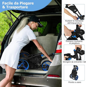 Carrello da Golf Pieghevole con 3 Ruote, Struttura in Alluminio, Cinghia Elastica, Portaombrello Regolabile e Porta Bicchiere, Segnapunti e Freno a Pedale