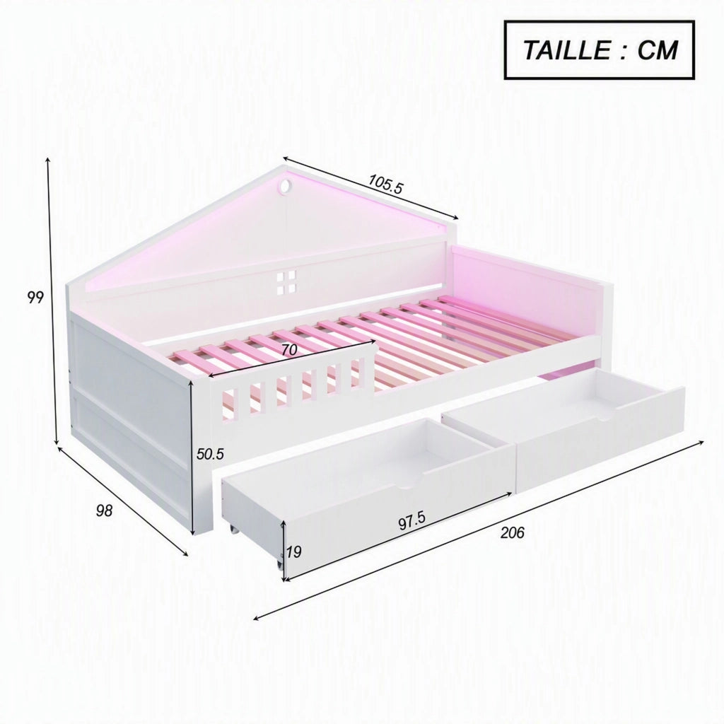 DESMIU Letto singolo 1 posto con 2 cassetti, LED regolabile e contenitore 90 × 200 cm, senza materasso, bianco
