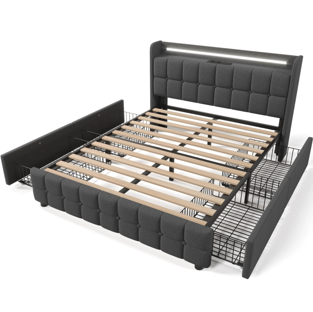 Letto matrimoniale 140x200 cm con 4 cassetti; testiera con prese e USB; LED; grigio