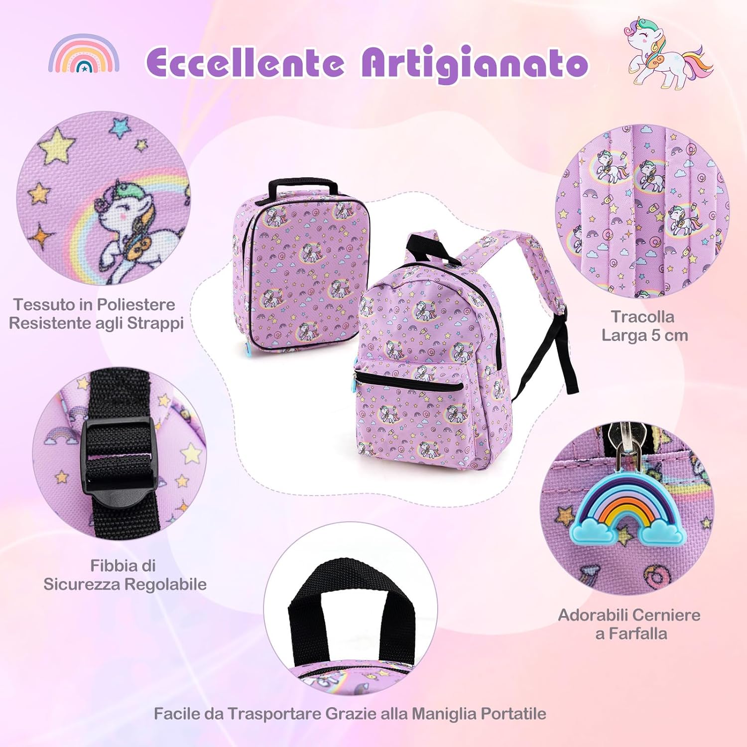 5 Pezzi Valigia per Bambini, Valigia con ManicoTelescopico da 16" con 13" Zainetto, Cuscino per Il Collo, Etichetta per Bagaglio, Borsa per Il Pranzo, con Ruote Girevoli a 360 ° (Modello 1)