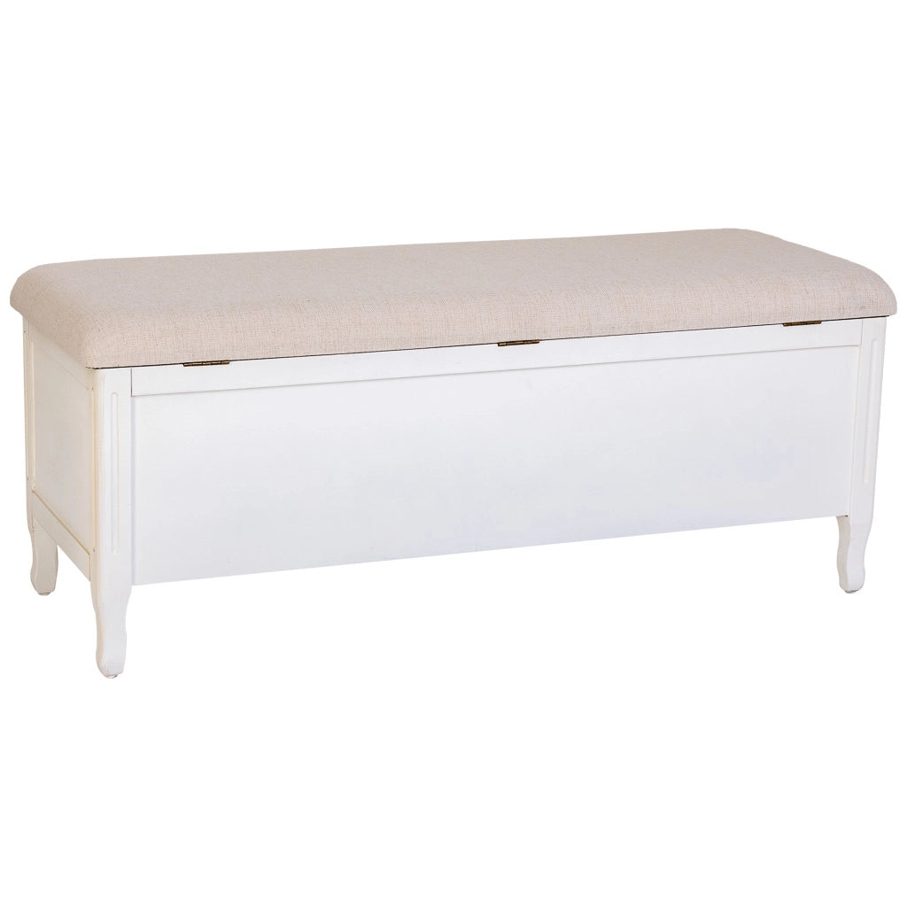Sgabello imbottito in legno laccato bianco antico 120x43x48h cm