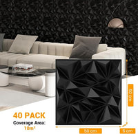 40 Pezzi 3D Pannelli Murali 50 x 50 cm, Pannello da Parete 3D Diamante, Decorazione Interna da Parete in PVC, 10 m², per Soggiorno Camera da Letto (10㎡,Nero)
