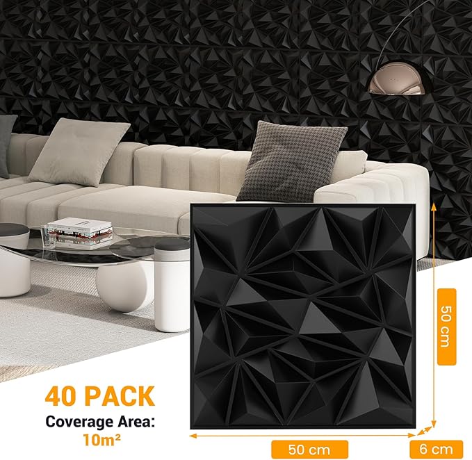 40 Pezzi 3D Pannelli Murali 50 x 50 cm, Pannello da Parete 3D Diamante, Decorazione Interna da Parete in PVC, 10 m², per Soggiorno Camera da Letto (10㎡,Nero)