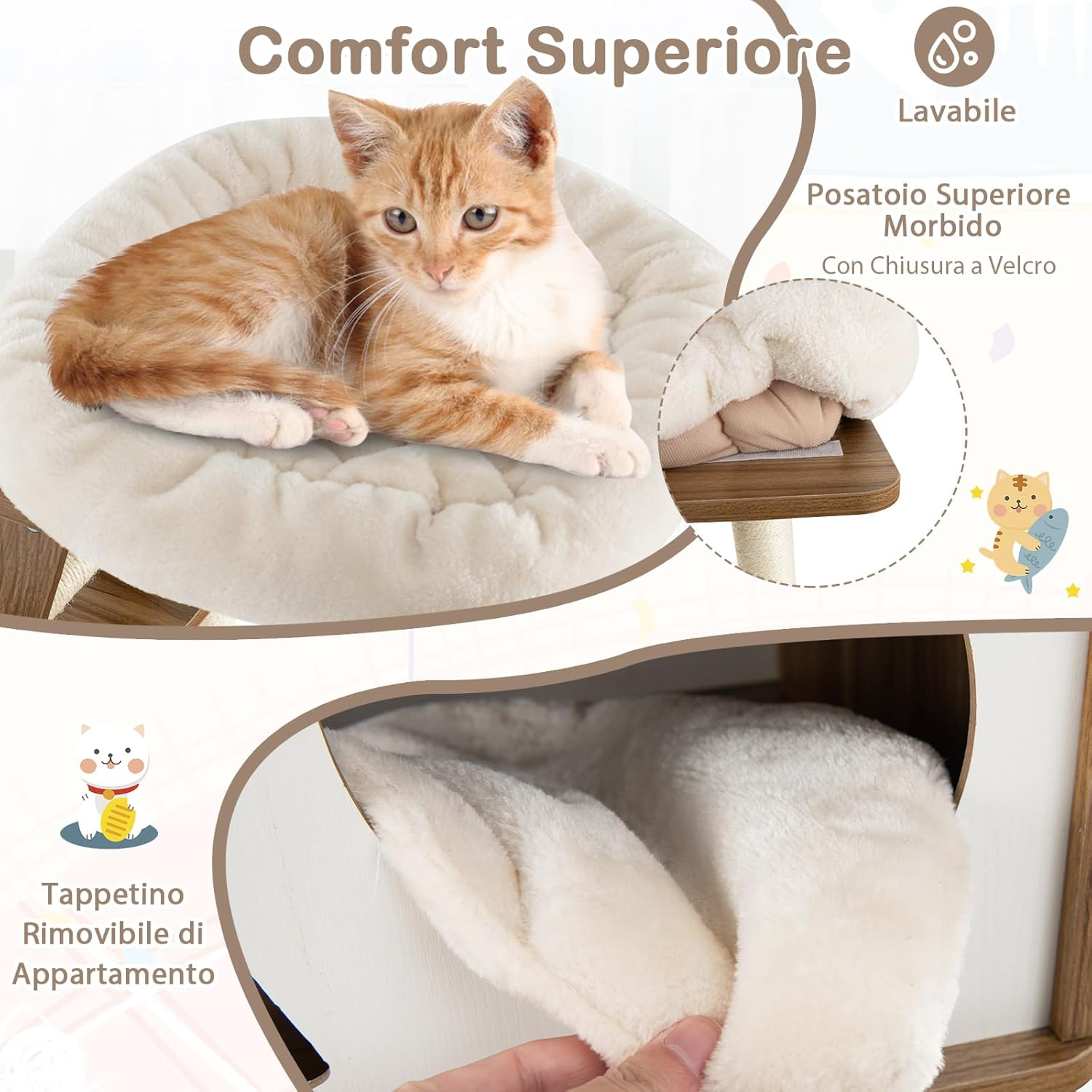 Albero per Gatti da 145 cm, Centro Attività a più Livelli con Tiragraffi, Amaca, Casa, Piattaforma e Cuscino, Tiragraffi da Interno per Gattini