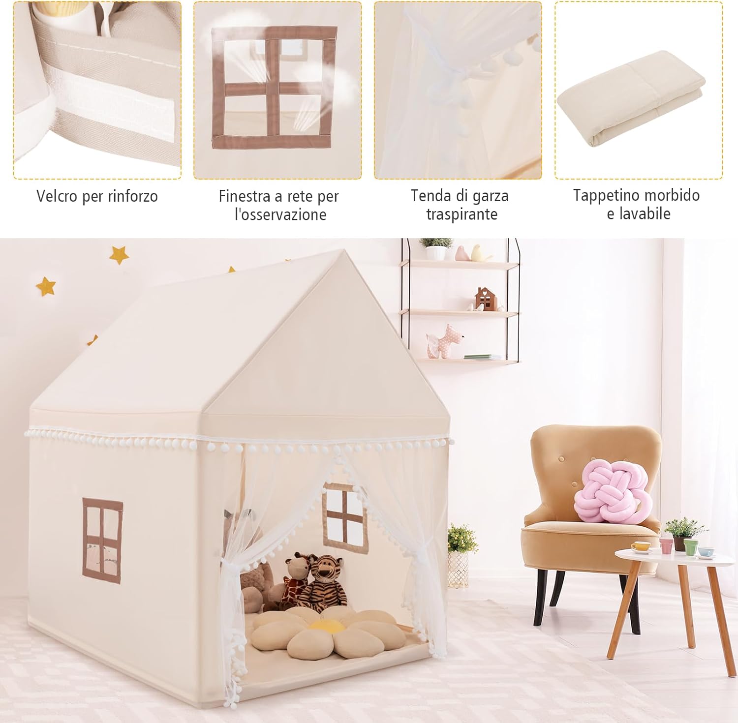 Tenda da Gioco Casetta per Bambini, Castello Giocattolo in Legno Cotone, con Struttura Stabile e Finestre Traspirabili, 105x120x140 cm (Beige)