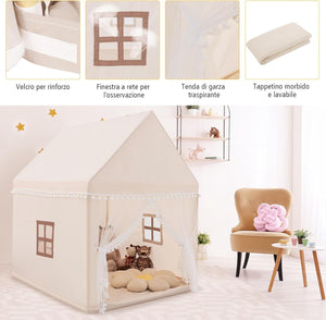 Tenda da Gioco Casetta per Bambini, Castello Giocattolo in Legno Cotone, con Struttura Stabile e Finestre Traspirabili, 105x120x140 cm (Beige)
