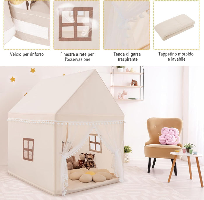 Tenda da Gioco Casetta per Bambini, Castello Giocattolo in Legno Cotone, con Struttura Stabile e Finestre Traspirabili, 105x120x140 cm (Beige)
