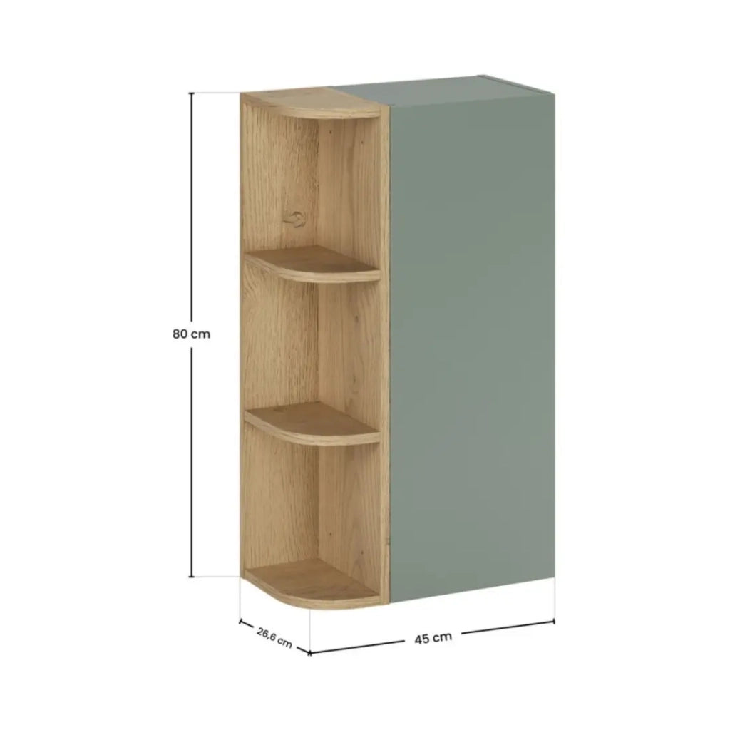 Mobiletto OSTER 45cm – mobile sospeso verde salvia con 1 porta e 3 nicchie visibili arrotondate in finitura rovere chiaro