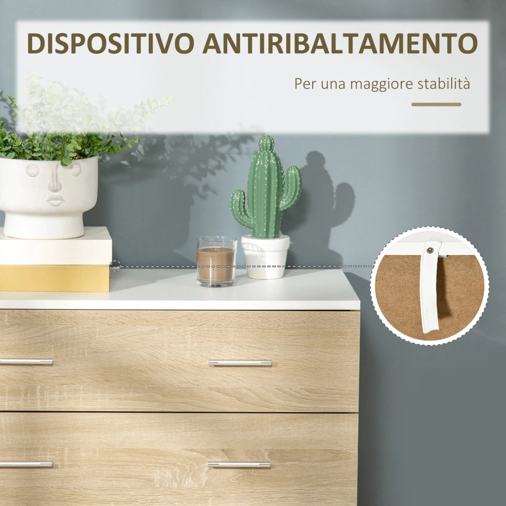 Cassettiera 4 Cassetti 76x35x72 cm in Legno e Maniglie in Alluminio Bianco e Rovere