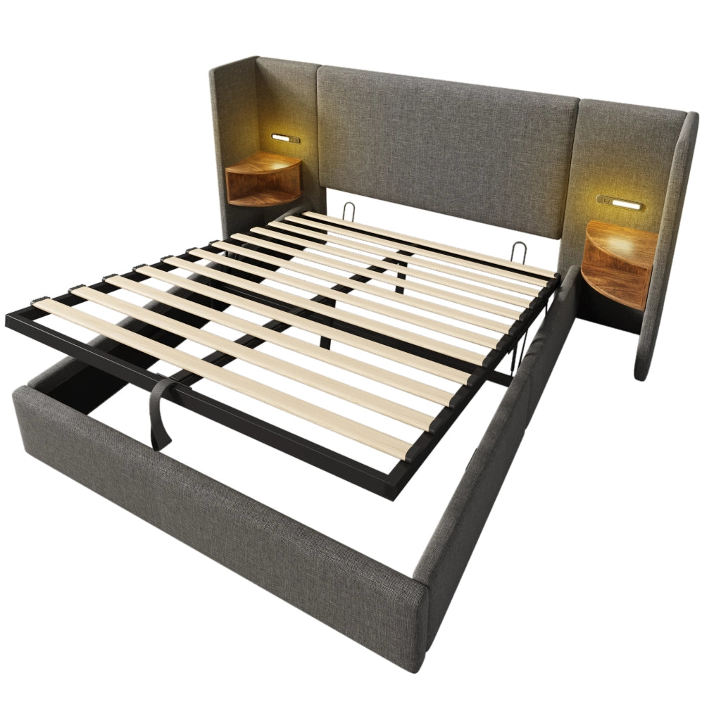 Letto matrimoniale 160x200cm con testiera multifunzione, LED, USB/Type-C e contenitore