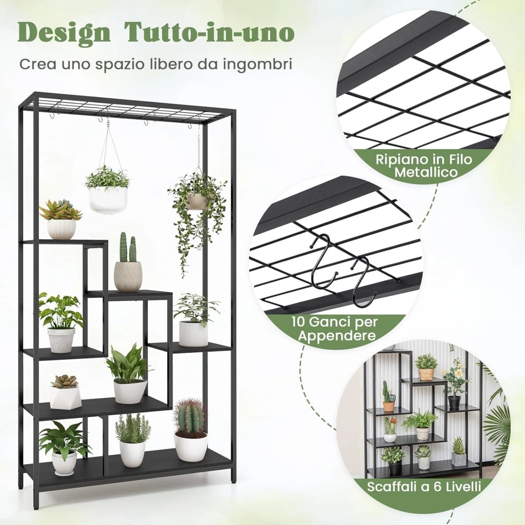 Scaffale Porta Piante a 6 Livelli, Scaffale per Fiori in Metallo da Interno con 10 Ganci e Ripiani per Piante, Porta Vasi da Balcone e Soggiorno