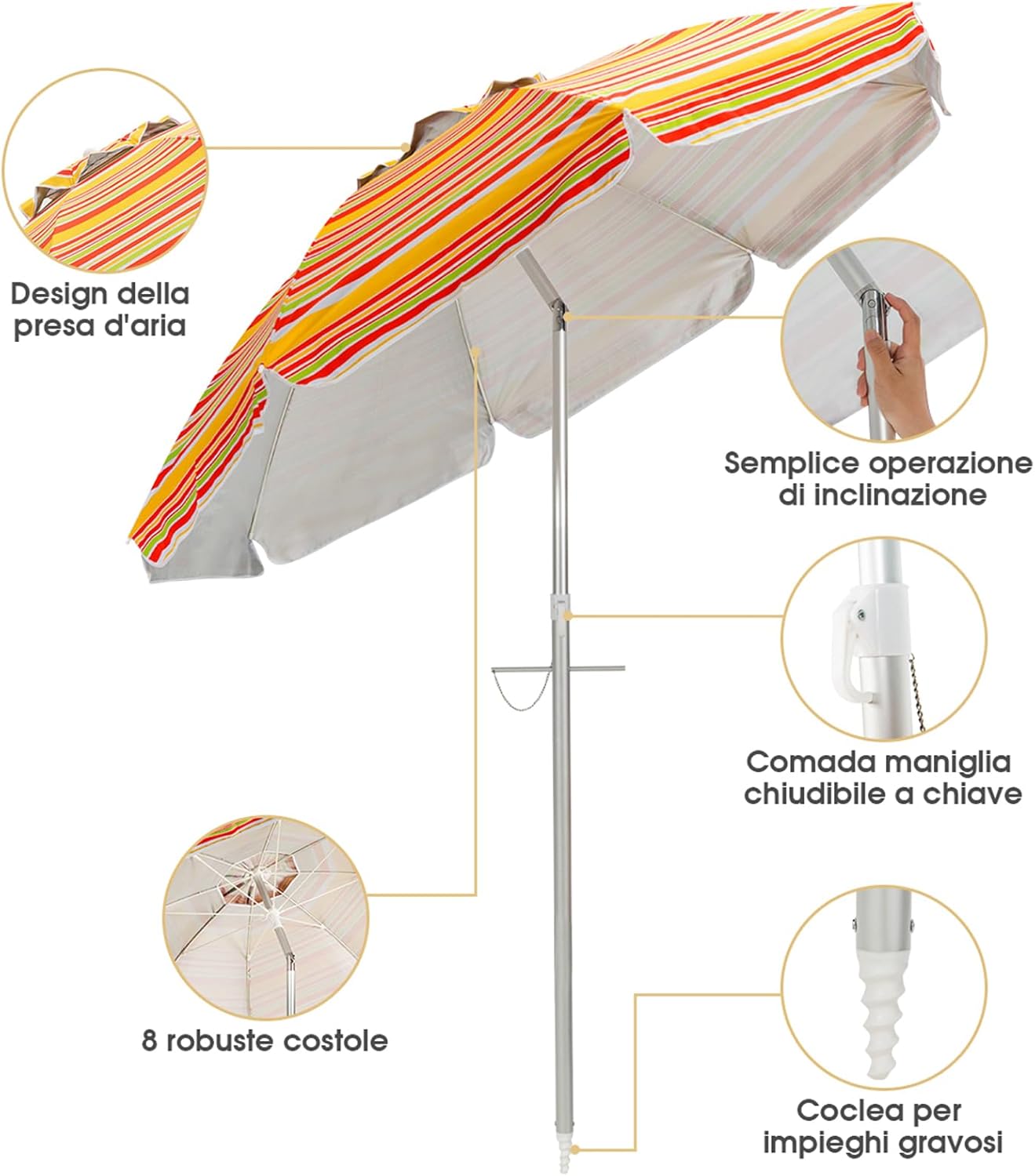 Ombrellone da Spiaggia 198 cm, Ombrello Parasole da Esterno con Palo Inclinabile in Alluminio, Ombrellone Portatile con Borsa di Trasporto, Anti UV 50+, 8 Stecche (Arancione e Giallo)