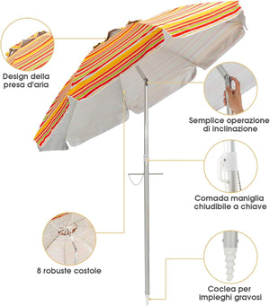 Ombrellone da Spiaggia 198 cm, Ombrello Parasole da Esterno con Palo Inclinabile in Alluminio, Ombrellone Portatile con Borsa di Trasporto, Anti UV 50+, 8 Stecche (Arancione e Giallo)