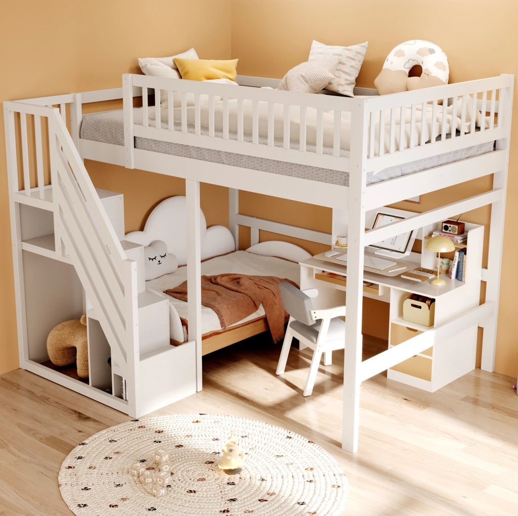 Letto in legno 140x200 con scala contenitore e sponde alte