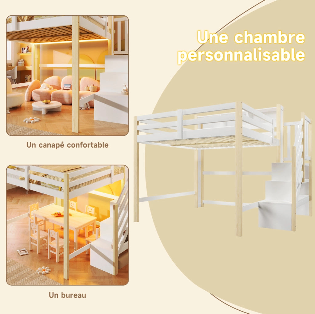 Letto a soppalco ULEVR 140x200 cm con LED, scala contenitore e vano aperto, bianco e naturale