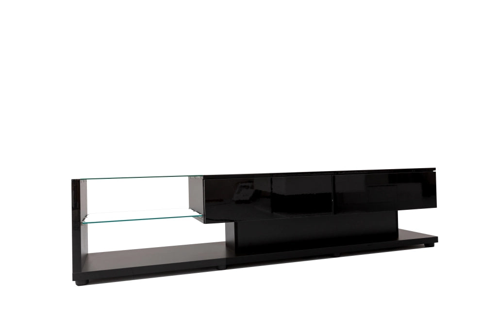 Mobile porta TV lucido con 2 cassetti, 2 ripiani in vetro e LED app in truciolato nero 170 × 36 × 38 cm