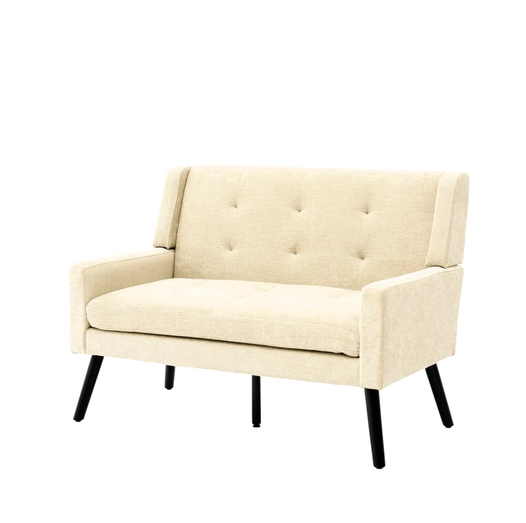 Panca imbottita 2 posti in lino beige con gambe in legno