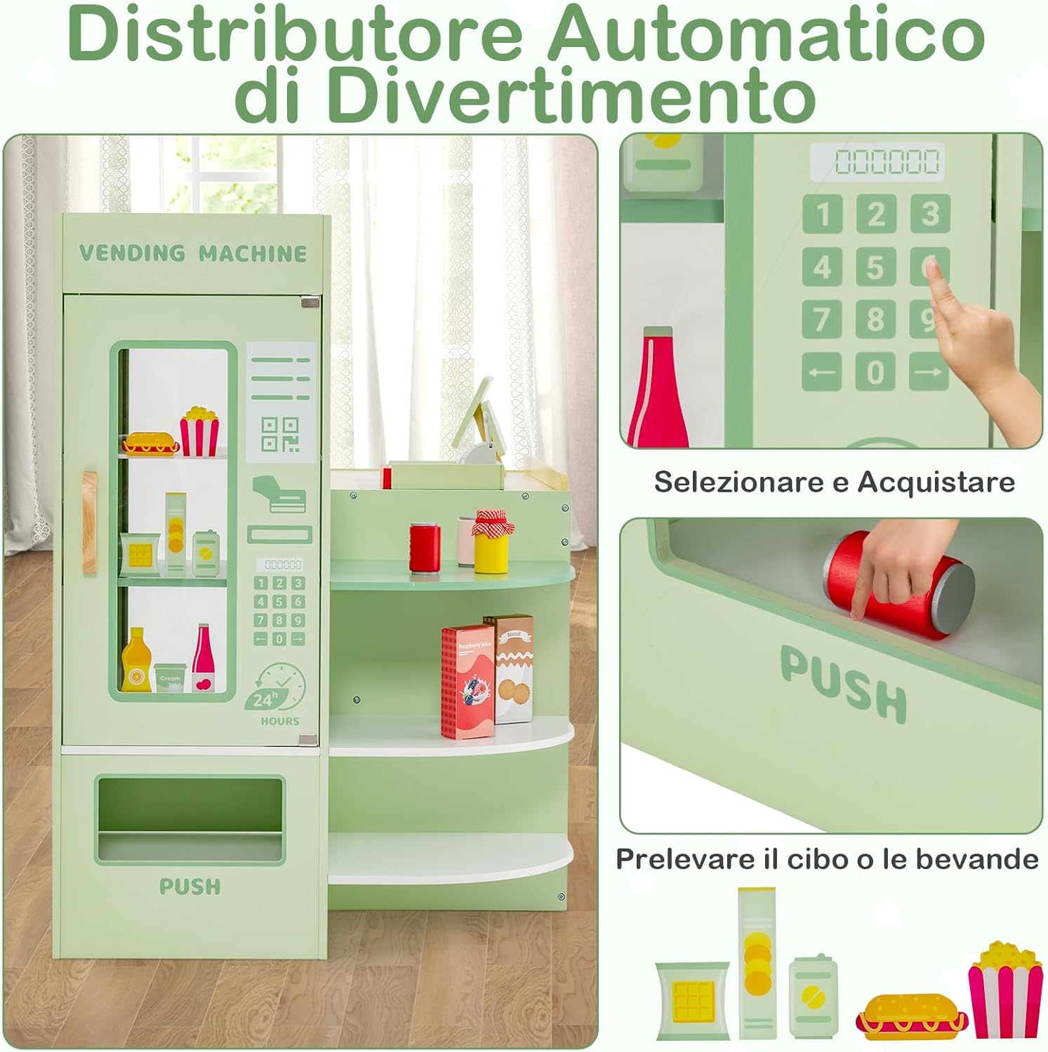 Set di Giocattoli in Legno per il Supermercato, Negozio Alimentare per Bambini con Bancone Cassa, POS, Distributore Automatico, per Bambini 3 - 8 Anni (Verde)