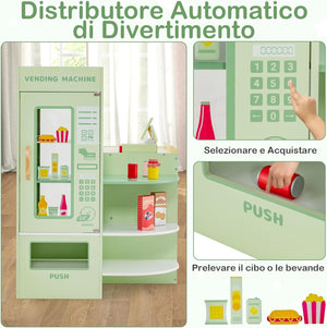 Set di Giocattoli in Legno per il Supermercato, Negozio Alimentare per Bambini con Bancone Cassa, POS, Distributore Automatico, per Bambini 3 - 8 Anni (Verde)