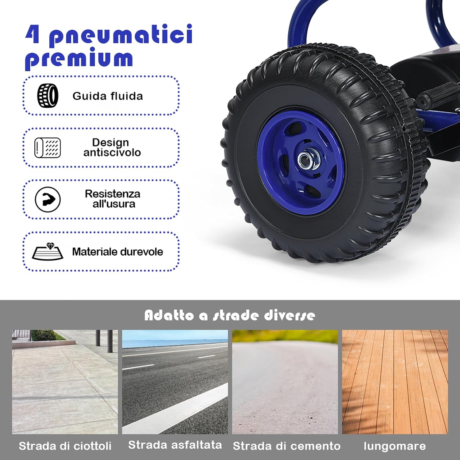 Go Kart a Pedali per Bambini, Go Kart Veicolo con Sedile Regolabile e Freno a Mano, per Bambini 3-6 Anni, Portata Massima 30 kg (Blu)