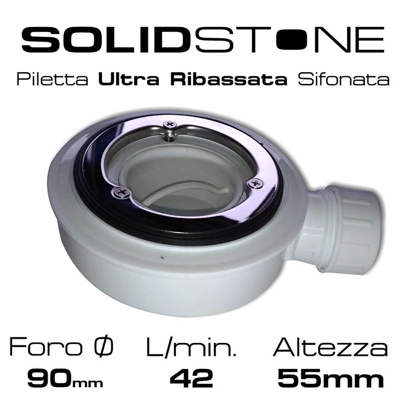 Piletta ultraribassata in PVC per piatto doccia basso con foro diametro da 90 mm - Con griglia in acciaio inox 13x13