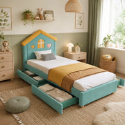 Letto per bambini imbottito a casetta 90x200 cm in velluto blu verde con 4 cassetti