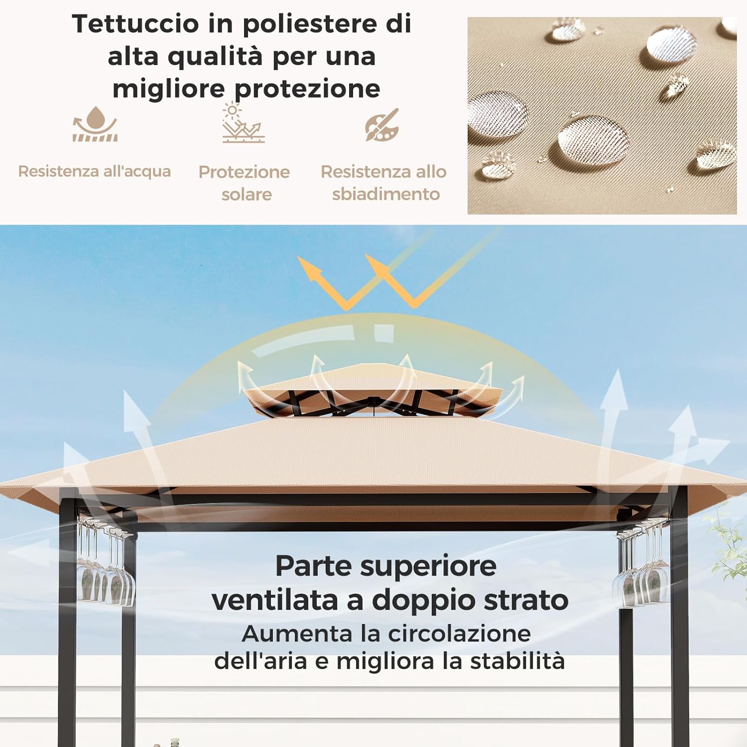 Set Bar da Patio a 3 Pezzi, Gazebo per Griglia e 2 Sgabelli da Bar con Tavolo in Vetro Temperato, Ripiani in Metallo, Portabicchieri, per Giardino Cortile e Spiaggia (Marrone)