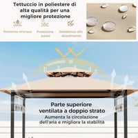 Set Bar da Patio a 3 Pezzi, Gazebo per Griglia e 2 Sgabelli da Bar con Tavolo in Vetro Temperato, Ripiani in Metallo, Portabicchieri, per Giardino Cortile e Spiaggia (Marrone)