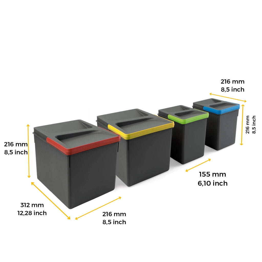 Emuca Contenitori per cassetti da cucina Recycle, Altezza 216, 2x12 + 2x6, Plastica grigio antracite, Tecnoplastica, 1 u.
