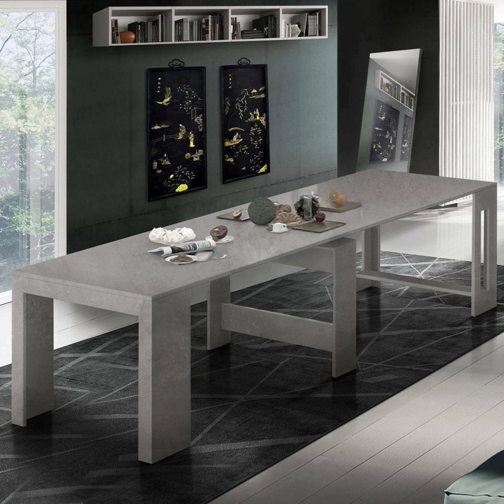 Tavolo da pranzo Anello, Made in Italy, Consolle allungabile fino a 12 posti, con portallunghe, cm 51/300x90h77 Grigio Cenere